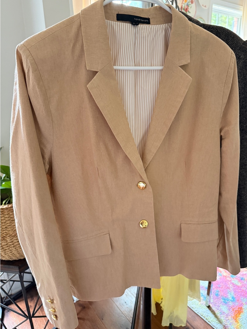 Harve Benard Tan Linen-Style Blazer with Gold Buttons